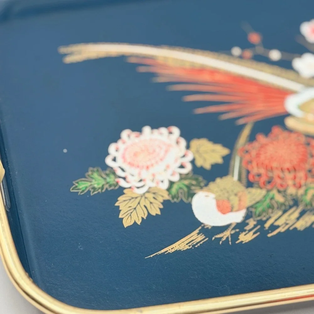 Vintage Navy Blue Metal Serving Tray Pheasant Floral Gold Rim Bamboo Handles